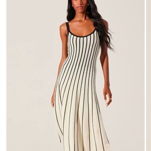 Sleeveless Black-Trim Ivory Midi Dress with Vertical Stripes